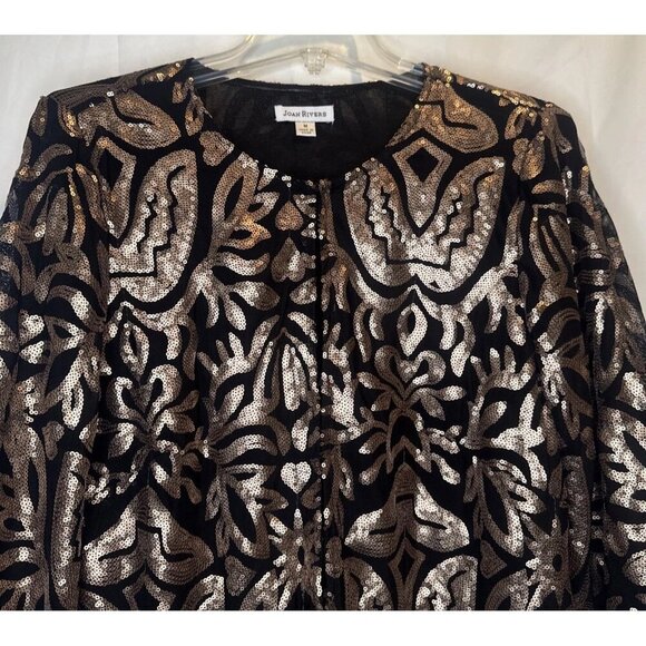 JOAN RIVERS Black & Gold Floral Metallic Sequins 3/4 Sleeve Blazer Sz M - Picture 2 of 8